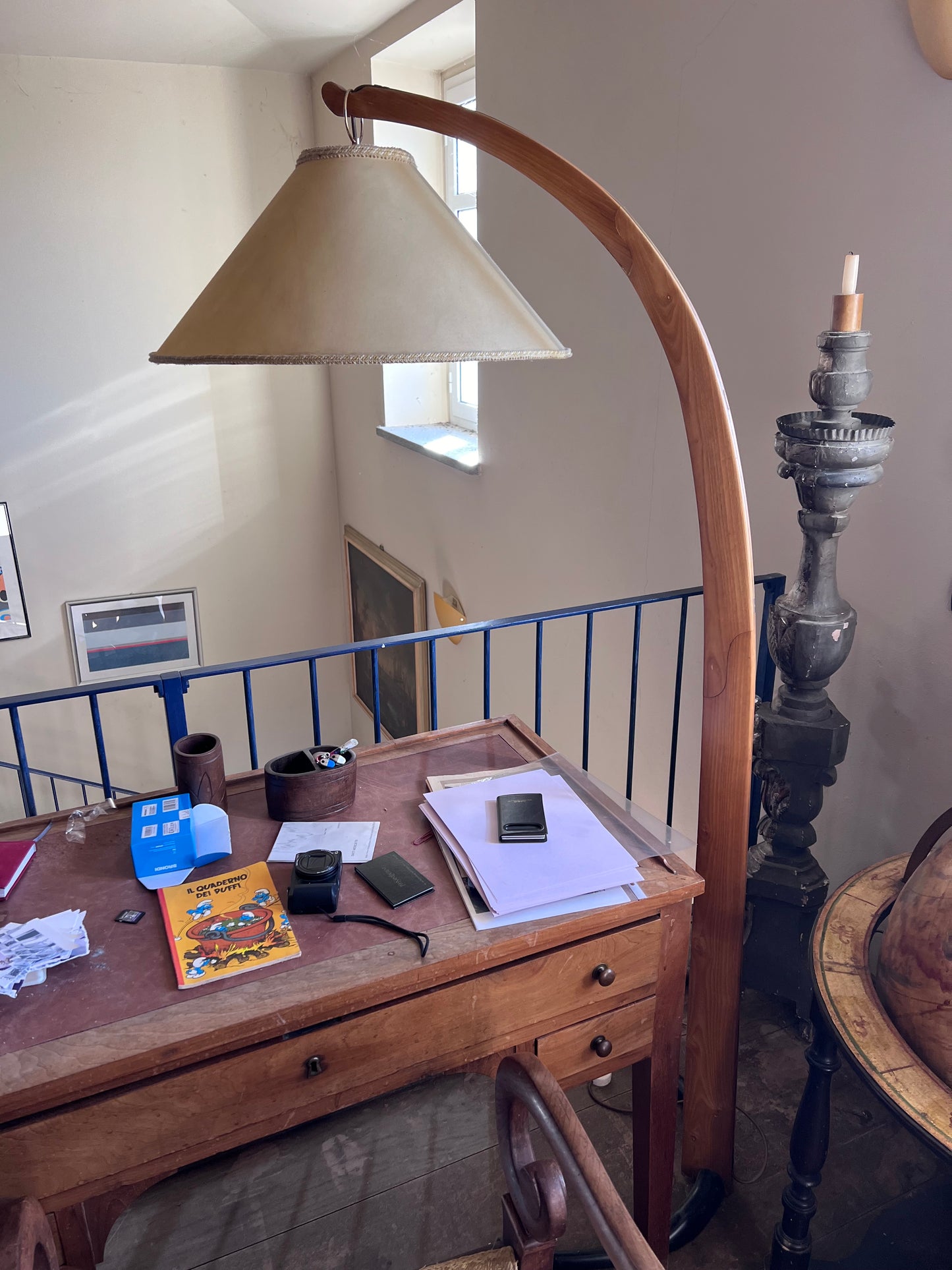 EGOLUCE LAMPADA da TERRA ad arco LEGNO NOCE vintage PARALUME tessuto