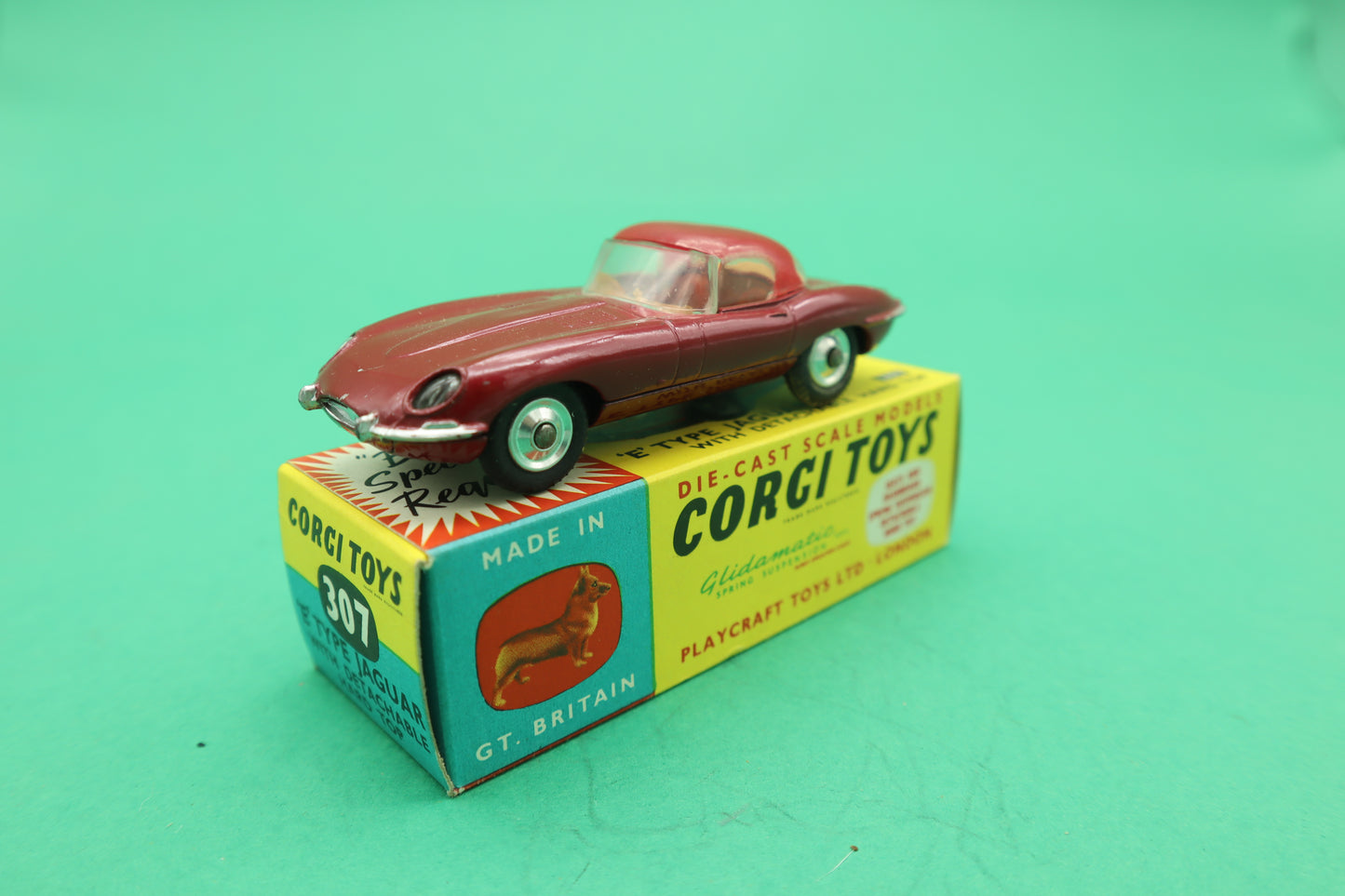 CORGI TOYS - 307- E TYPE JAGUAR - ROSSO - PLAYCRAFT TOYS LTD LONDON- SCATOLA ORIGINALE 1/43