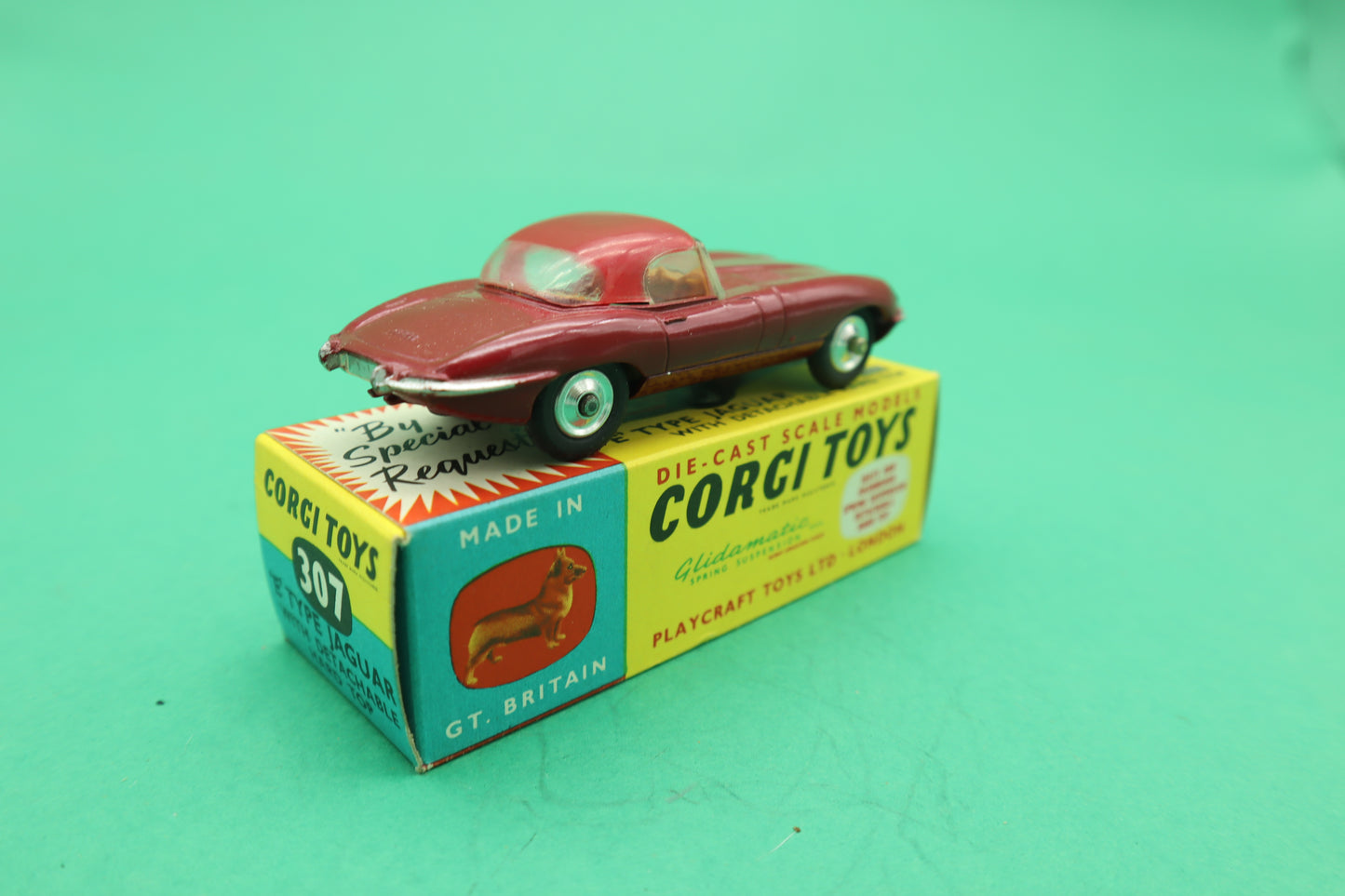 CORGI TOYS - 307- E TYPE JAGUAR - ROSSO - PLAYCRAFT TOYS LTD LONDON- SCATOLA ORIGINALE 1/43