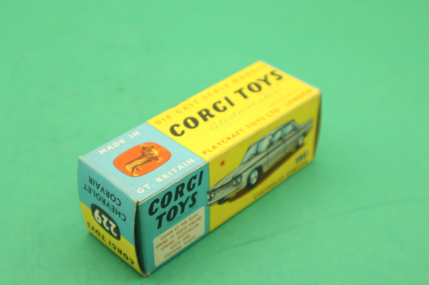 CORGI TOYS - 229- CHEVROLET CORVAIR- GOLDEN MECCANO ENGLAND- SCATOLA ORIGINALE 1/43