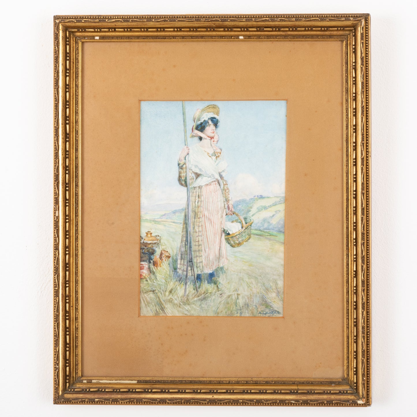 ALBERT GILBERT Acquarello Paesaggio con contadina XIX Secolo