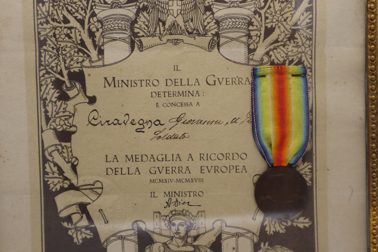 Quadro DIPLOMA CON MEDAGLIA INTERALLEATA 1° GUERRA MONDIALE WW1 1GM