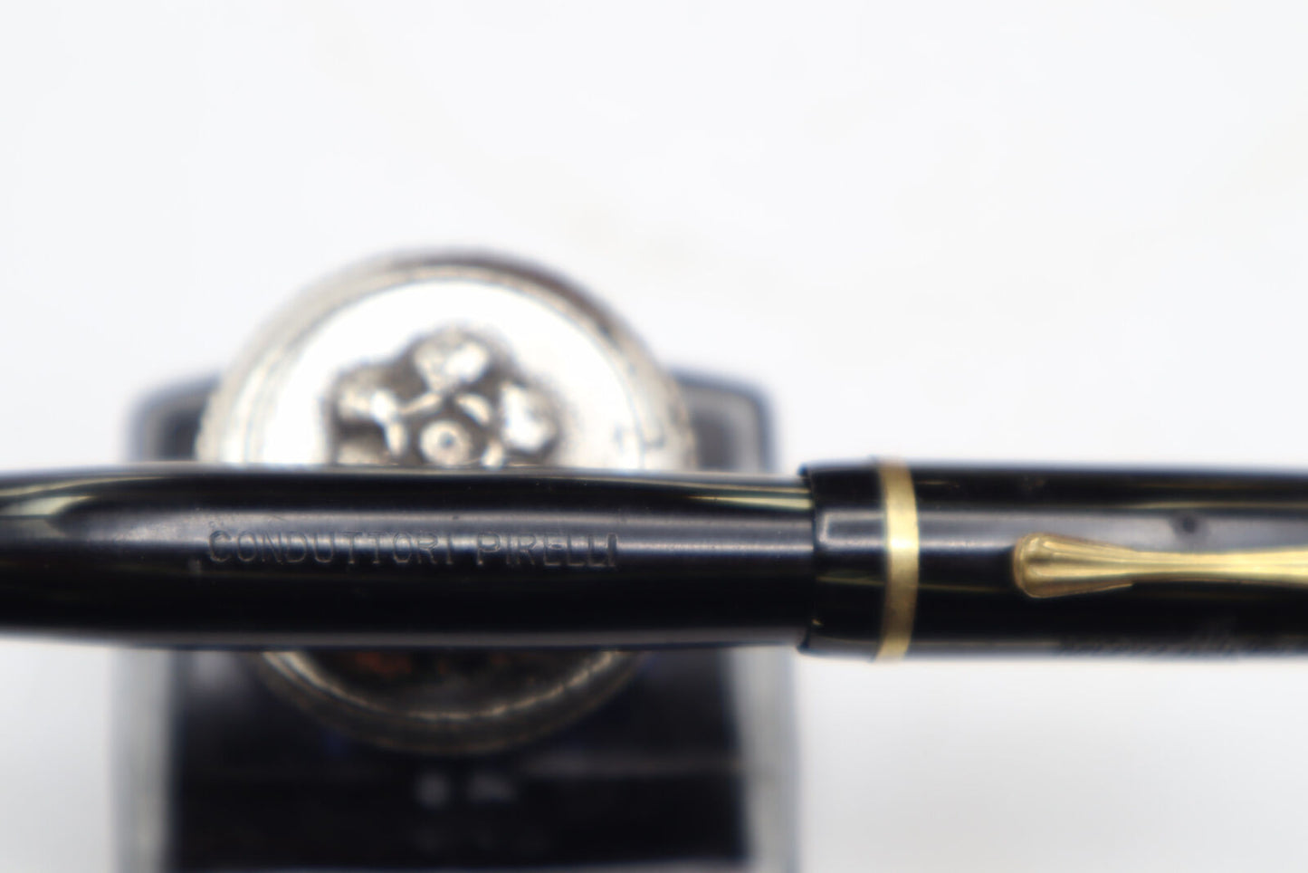 Montblanc 4 Black & Gold Celluloid Platinum Fountain Pen - Made in Italy 1920s - Advertising Pirelli