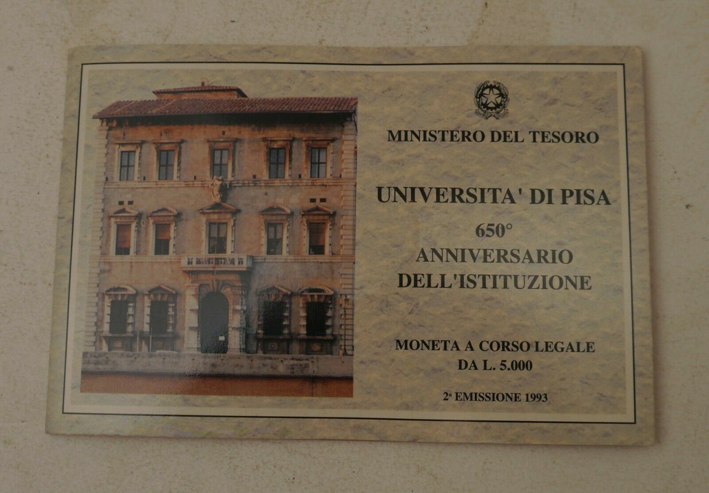 Vintage Moneta Universita 'Di Pisa Da L.5000 1993 650 Anniversario Argento FDC