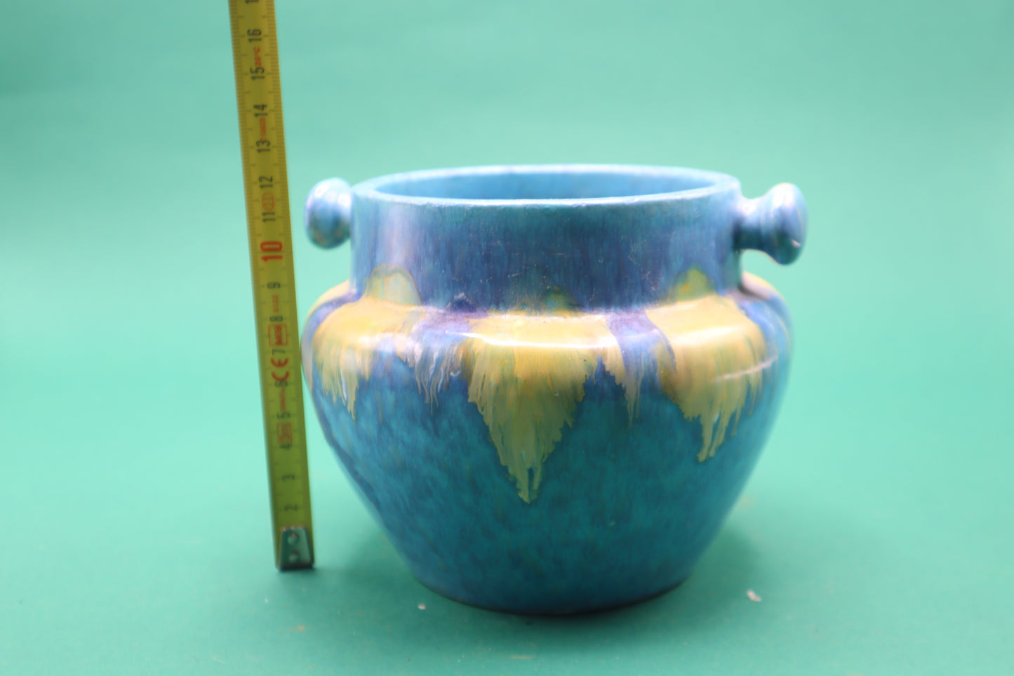 Vintage Blue Ceramic Vase vasetto Turquoise Yellow