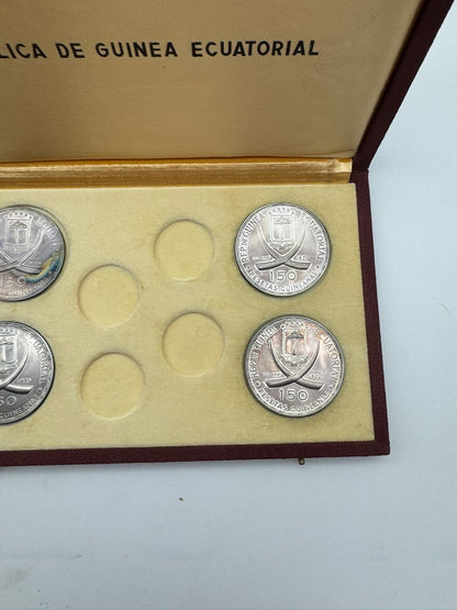 Guinea Equatoriale Monete Argento 1970 – Lotto di 4 Monete da 150 Pesetas in Argento 999,9‰ – Roma Capitale –   Cofanetto Originale