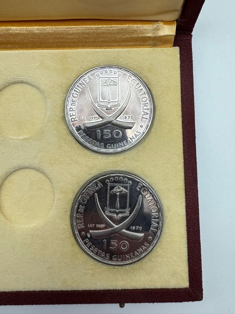 Guinea Equatoriale Monete Argento 1970 – Lotto di 4 Monete da 150 Pesetas in Argento 999,9‰ – Roma Capitale –   Cofanetto Originale