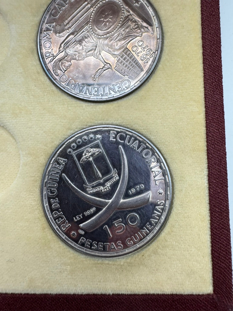 Guinea Equatoriale Monete Argento 1970 – Lotto di 4 Monete da 150 Pesetas in Argento 999,9‰ – Roma Capitale –   Cofanetto Originale