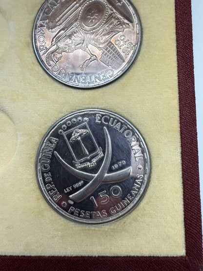 Guinea Equatoriale Monete Argento 1970 – Lotto di 4 Monete da 150 Pesetas in Argento 999,9‰ – Roma Capitale –   Cofanetto Originale