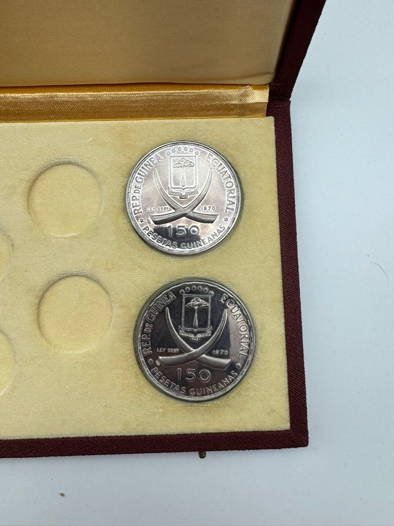 Guinea Equatoriale Monete Argento 1970 – Lotto di 4 Monete da 150 Pesetas in Argento 999,9‰ – Roma Capitale –   Cofanetto Originale