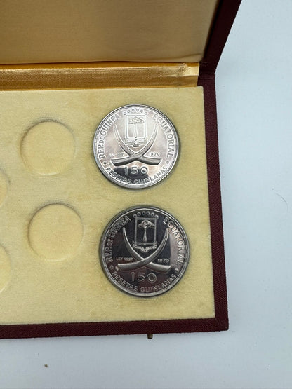 Guinea Equatoriale Monete Argento 1970 – Lotto di 4 Monete da 150 Pesetas in Argento 999,9‰ – Roma Capitale –   Cofanetto Originale