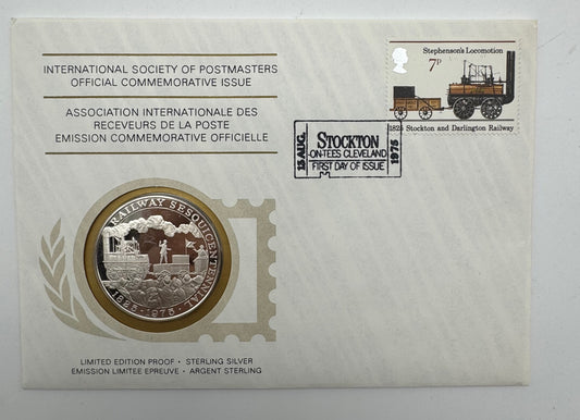 Medaglia Argento 925‰ First Steam Passenger Train 1975 con Francobollo Primo Giorno