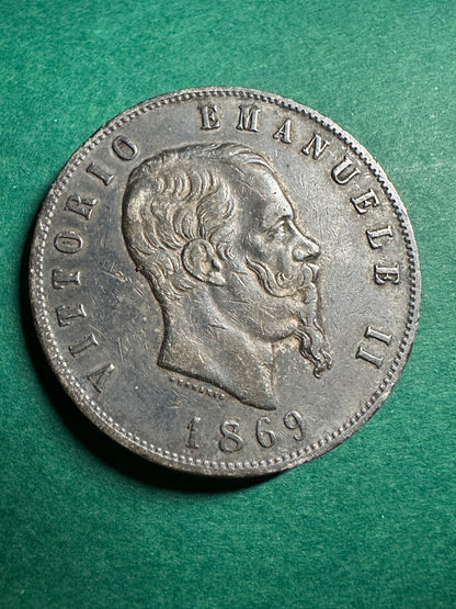 Italia Regno 5 Lire Argento 1869 Vittorio Emanuele II BB+