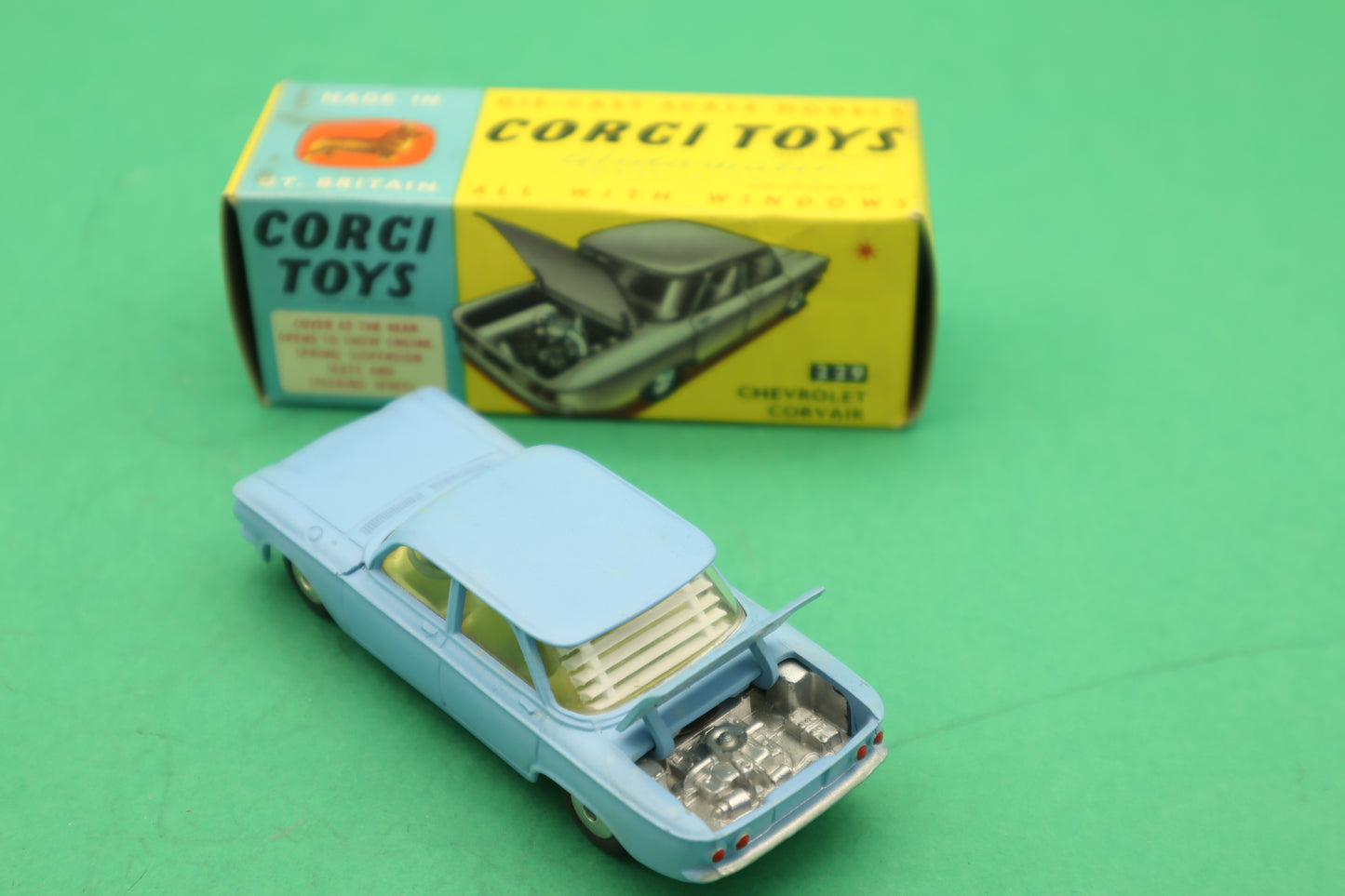 CORGI TOYS - 229- CHEVROLET CORVAIR- GOLDEN MECCANO ENGLAND- SCATOLA ORIGINALE 1/43