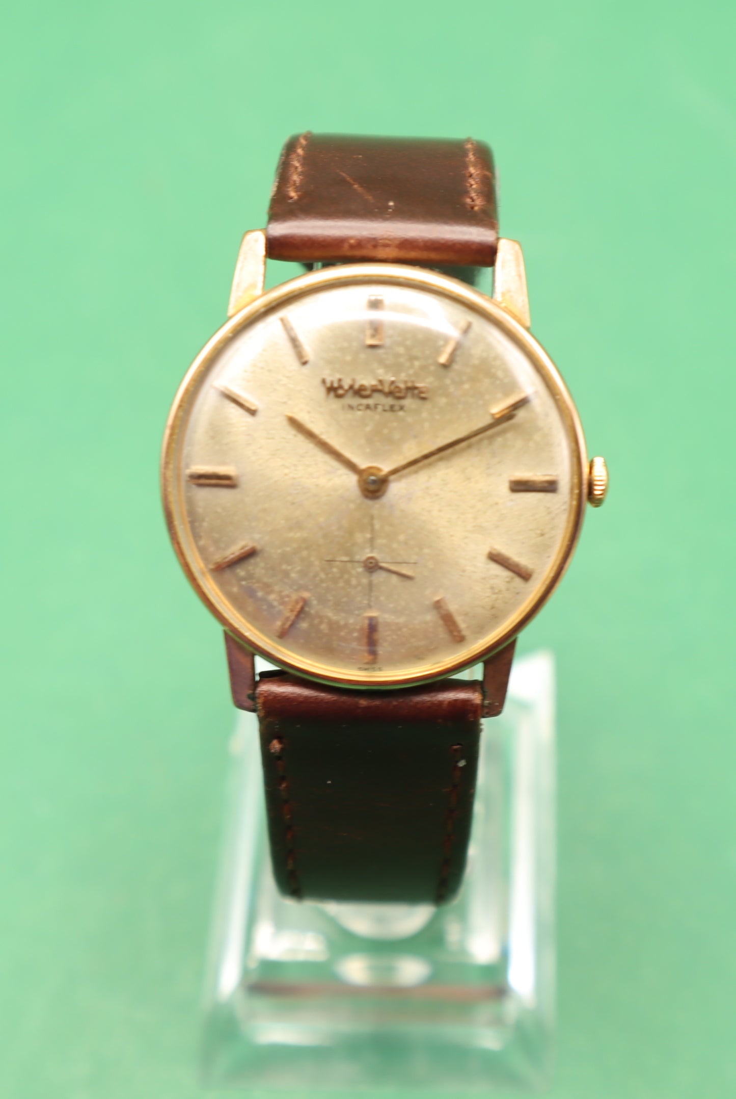 Vintage Wyler Vetta Incaflex Gold Plated Leather Wrist Watch Unisex Swiss Oro Rosa