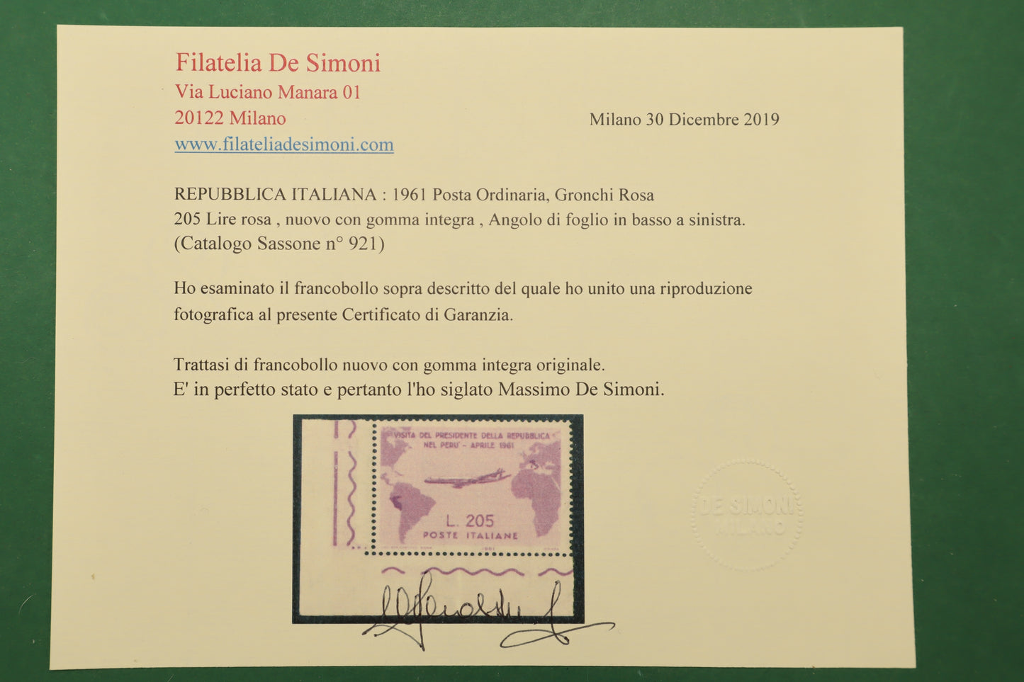 REPUBBLICA 1961 GRONCHI ROSA 205 LIRE G.I. MNH ANGOLO DI FOGLIO + CERTIFICATO