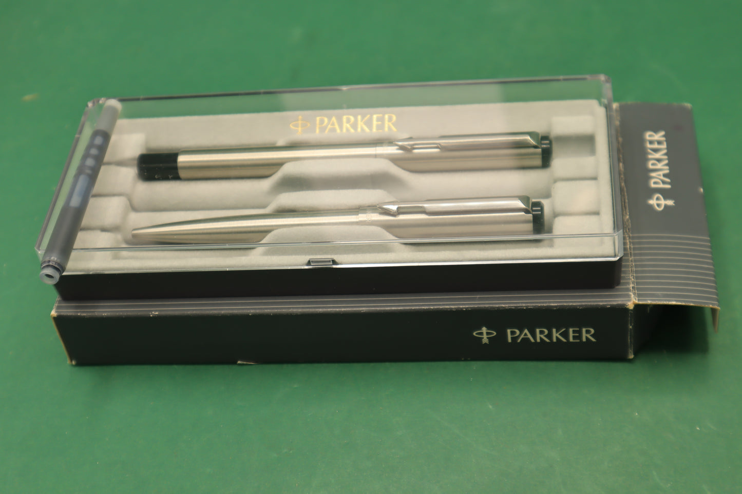 Vintage Parker set Penna Biro e Stilografico Argento con Scatole originale
