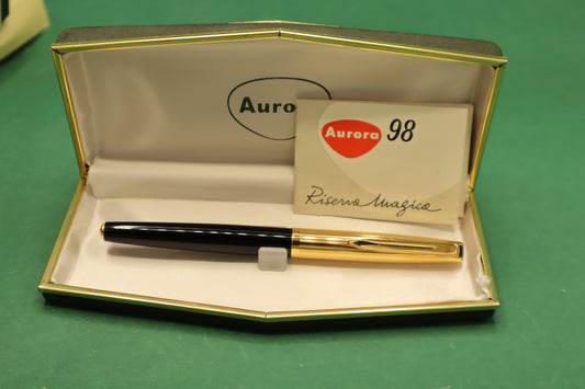 Vintage Aurora 98 Penna Stilografica Riserva Magica Nero Oro Scatola documenti originali Anni 60