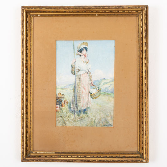 ALBERT GILBERT Acquarello Paesaggio con contadina XIX Secolo
