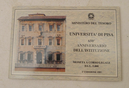 Vintage Moneta Universita 'Di Pisa Da L.5000 1993 650 Anniversario Argento FDC