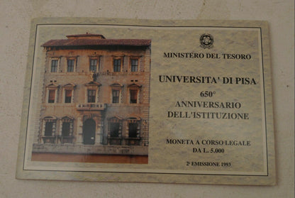 Vintage Moneta Universita 'Di Pisa Da L.5000 1993 650 Anniversario Argento FDC