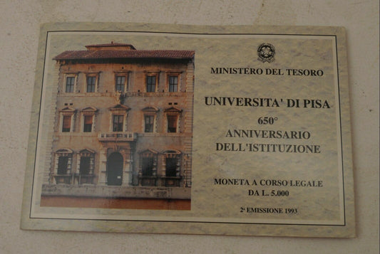 Vintage Moneta Universita 'Di Pisa Da L.5000 1993 650 Anniversario Argento FDC