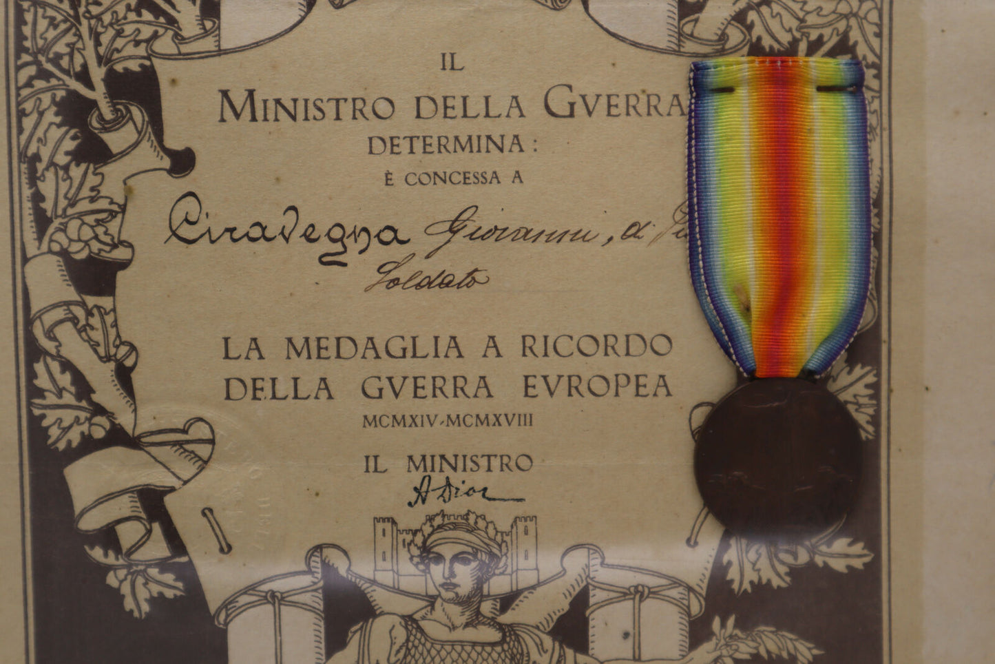 Quadro DIPLOMA CON MEDAGLIA INTERALLEATA 1° GUERRA MONDIALE WW1 1GM
