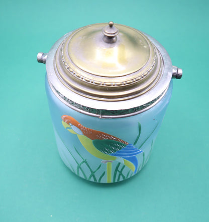 Vintage contenitore Vetro Metallo con Manico Decorato a mano con pappagallo