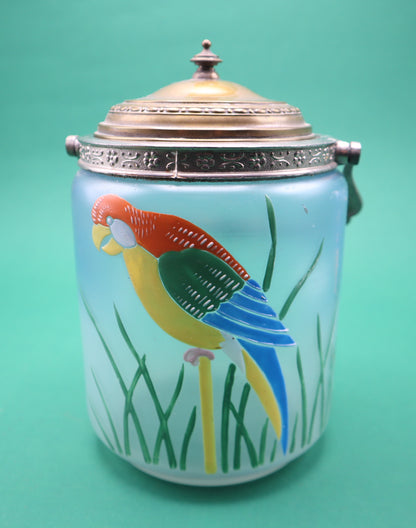 Vintage contenitore Vetro Metallo con Manico Decorato a mano con pappagallo