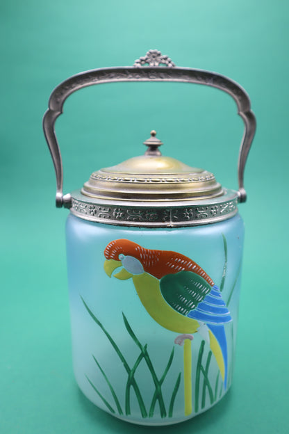 Vintage contenitore Vetro Metallo con Manico Decorato a mano con pappagallo