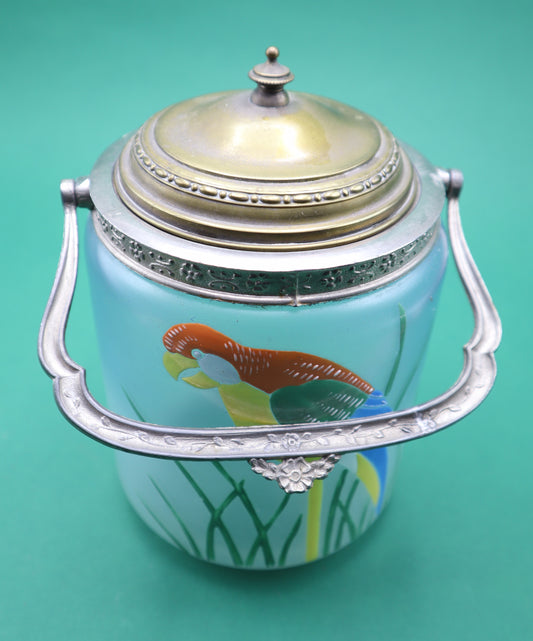 Vintage contenitore Vetro Metallo con Manico Decorato a mano con pappagallo