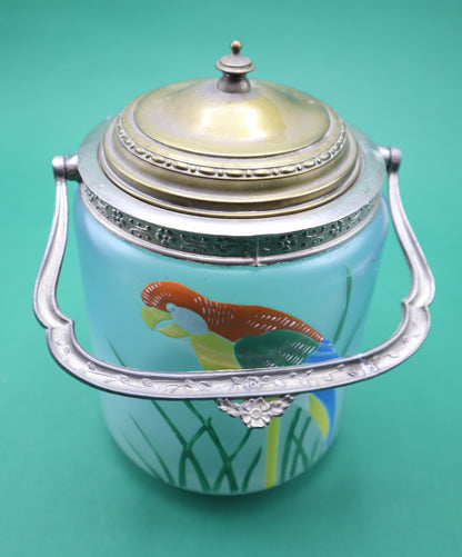 Vintage contenitore Vetro Metallo con Manico Decorato a mano con pappagallo