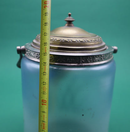 Vintage contenitore Vetro Metallo con Manico Decorato a mano con pappagallo