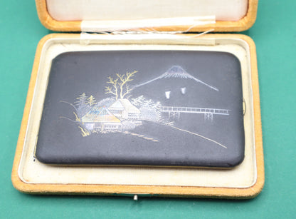 Antico Portasigarette Biglietto da visita Giapponese Komaikumeil stile Damascene inlaid 24K Oro Gold Con scatola originale