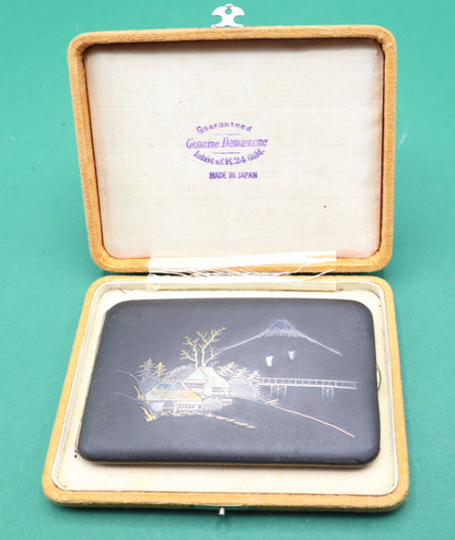 Antico Portasigarette Biglietto da visita Giapponese Komaikumeil stile Damascene inlaid 24K Oro Gold Con scatola originale