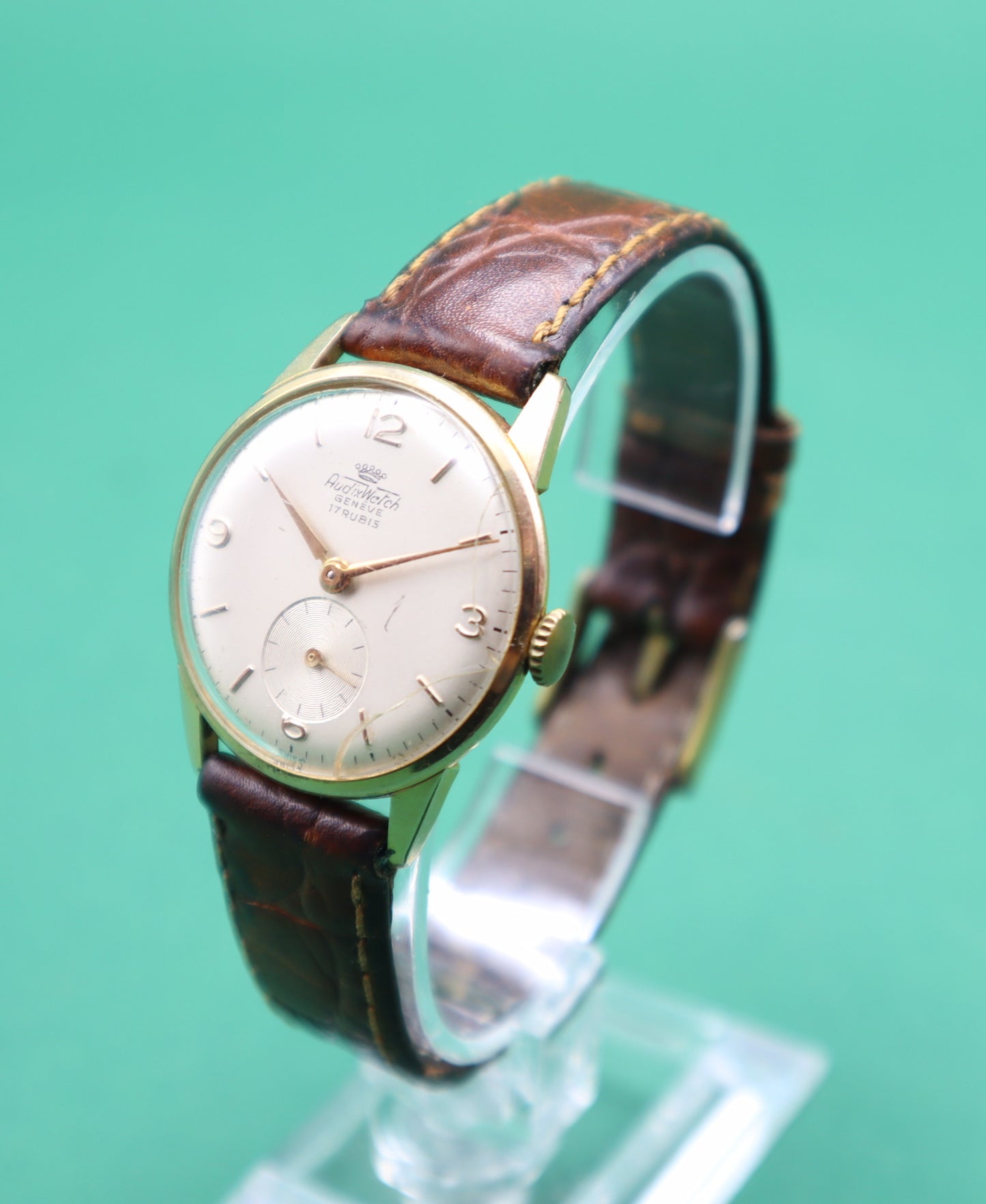 Vintage Orologio Audixwatch 17 Rubis Geneve Oro laminato con cintura in pelle