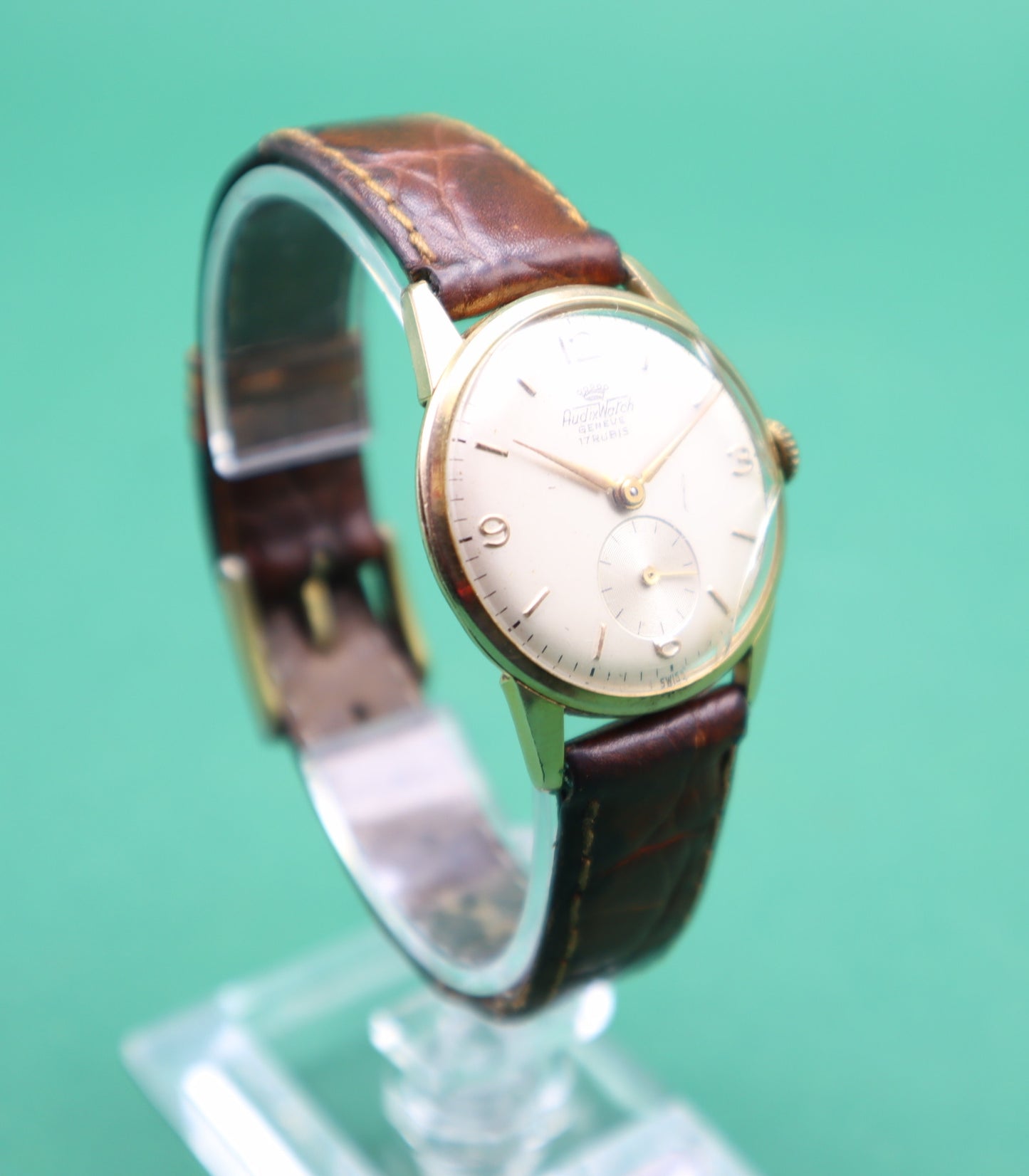 Vintage Orologio Audixwatch 17 Rubis Geneve Oro laminato con cintura in pelle